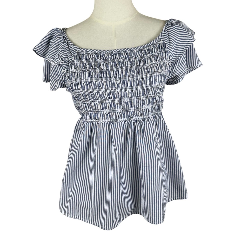 Noflik Smocked Top Womens M Blue White Striped Flutter Sleeve Peplum Cottagecore